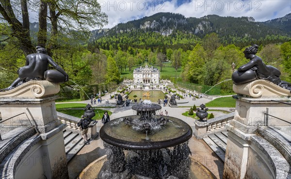 Royal Villa Linderhof Palace with fountain at the Temple of Venus