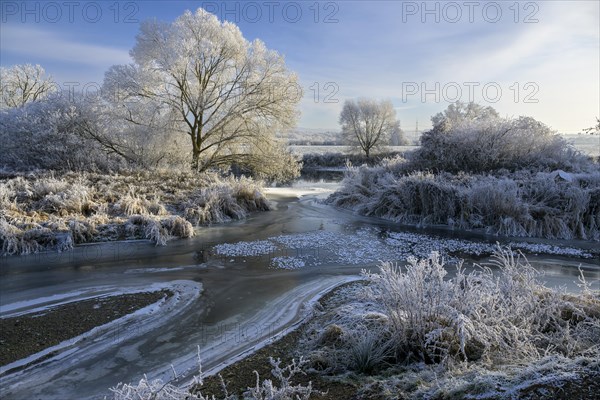 River landscape with hoarfrost and ice