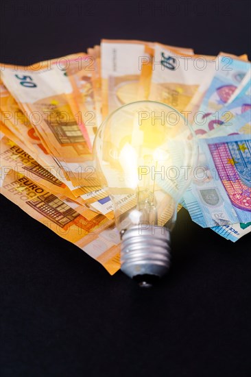 Lighted light bulb with euro banknotes in the background on a black background