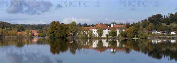 Panoramic view of Seeon Monastery with reflection in Kolstersee