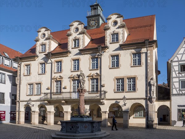 Fountain with figure in front of old building with clock on the roof tower in the old town