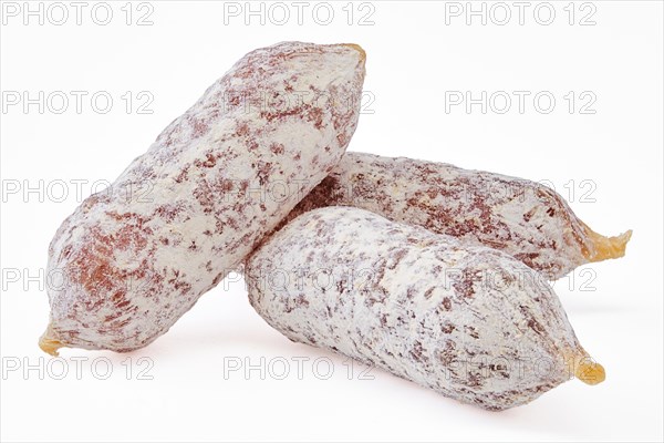 Closeup view of fermented mini parma sausages covered with white mold