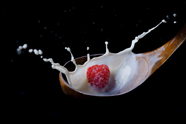 Fresh raspberry splashing milk on a wooden spoon