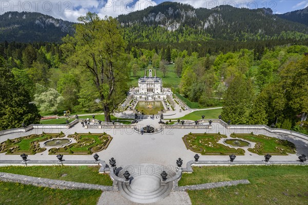 Royal Villa Linderhof Palace with fountain and terraced gardens