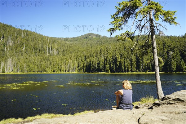 A woman sits on the shore of the Grosser Arbersee