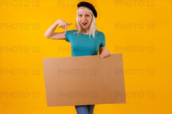 Pointing smiling cardboard advertisement poster