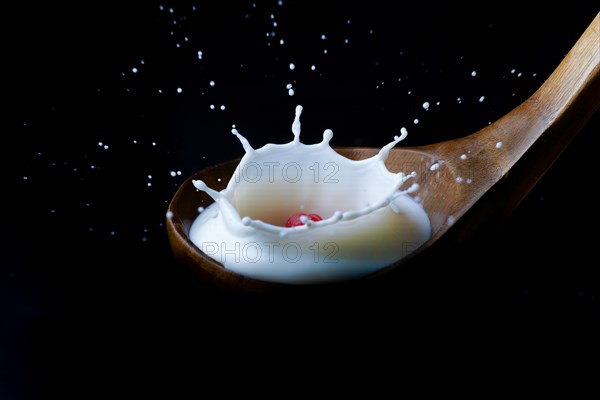 Fresh raspberry splashing milk on a wooden spoon