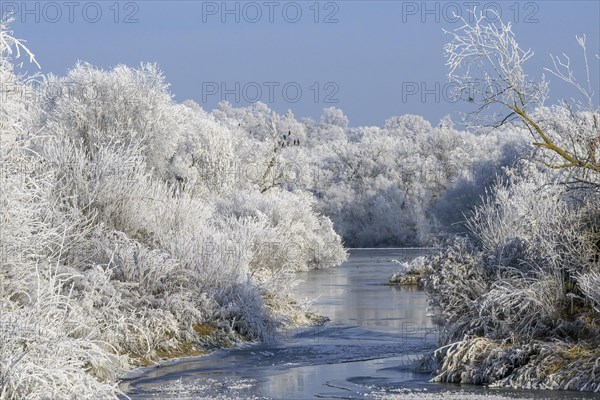 River landscape with hoarfrost and ice