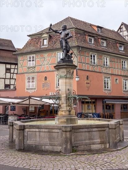 Schwendi Fountain on the Pl. de lAncienne Douane square with bronze statue of General Lazarus von Schwendi