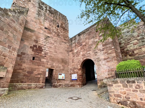 View from historical small outer castle courtyard Zwinger to inner castle gate Main gate late Romanesque gate building