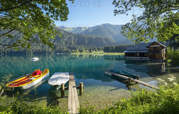 Rowing boats and boathouse with trees