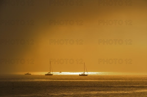 Rain cloud passing over sailing boats at sunset at Saint-Denis-d'Oleron on the island Ile d'Oleron