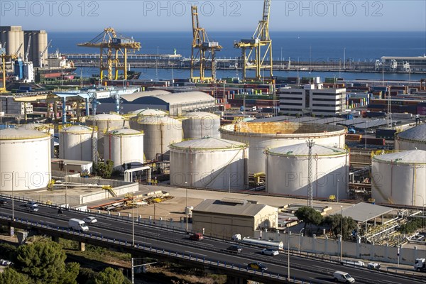 View from above of the industrial cargo port of Barcelona in Catalonia Spain