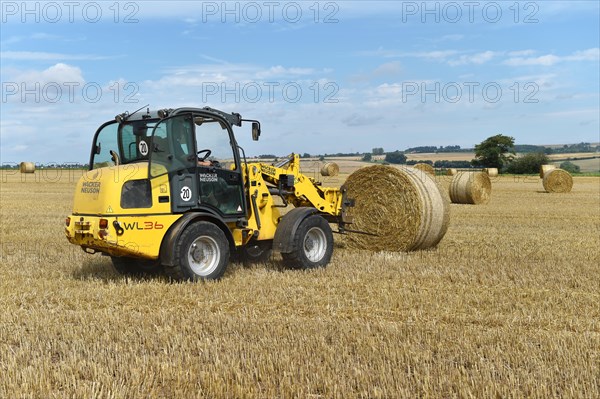 Round bales are loaded with a wheel loader