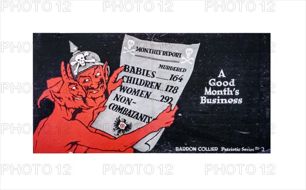 English cartoon showing the devil and German soldier looking at monthly report with numbers of killed innocent civilians