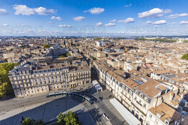 View from the Tour Pey-Berland over the old town and a tramway in Bordeaux