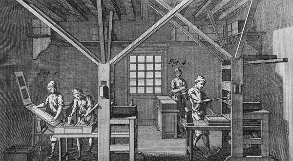 18th century printers working with wooden printing presses for relief printing in print shop