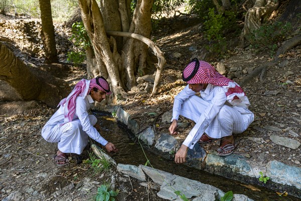 Young men washing in a spring