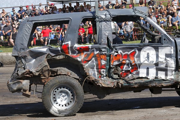 Wrecked car at demolition derby