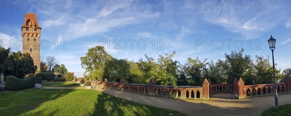 Panoramic photo of the Capitol Tower and the park of Tangermuende Castle