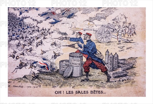 Vintage WWI cartoon showing French First World War One soldiers fighting Germans depicted as bugs
