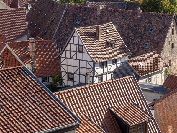Roofs and half-timbered house photographed from the walls of Quedlinburg Castle Garden