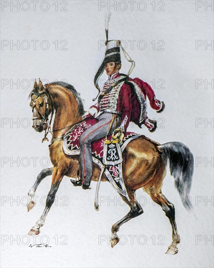 Hussar officer on horseback in uniform of the 1845 Bluchersches Huzaren regiment