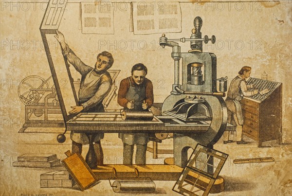 19th century typesetter and printers working with Stanhope cast iron printing press in print shop