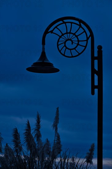 Ammonite-design streetlamp along the promenade at Lyme Regis