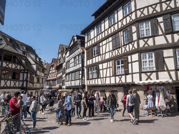 Crowd of tourists on Rue des Cheveux between half-timbered houses