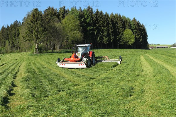 Tractor with three mowers cuts the last piece of tall grass