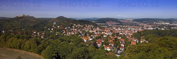 Panoramic view of Eisenach with the Thuringian Forest and Wartburg Castle from the Goepelskuppe