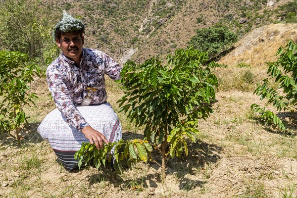 Traditional dressed man of the Qahtani Flower men tribe in the coffee plants