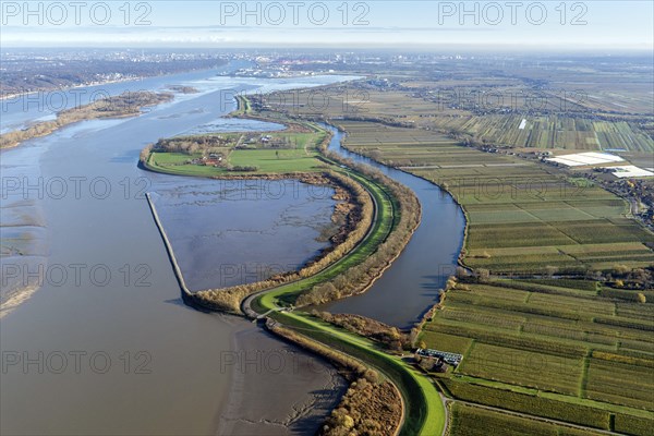 Aerial view of the Borsteler Binnenelbe runs parallel to the Elbe for about four kilometres behind the main dike and has two accesses to the Elbe protected by sieve structures