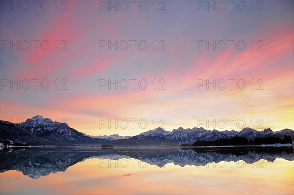 Sunset at the Forggensee with view of the Saeuling near Fuessen