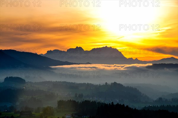 View from the high plateau of Hagspiel in the Allgaeu near Oberstaufen to the massif of the Saentis