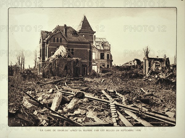 The ruined railway station at Diksmuide after bombardment in Flanders during the First World War