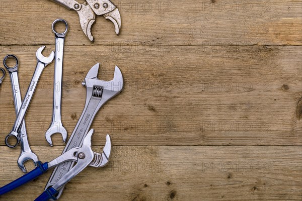 Overhead view of various spanners and wrenches