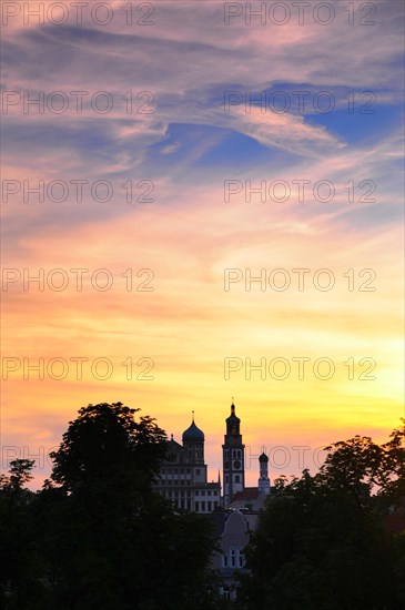 View of Augsburg City Hall with Perlachturm at sunset