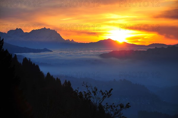 View from the high plateau of Hagspiel in the Allgaeu near Oberstaufen to the massif of the Saentis