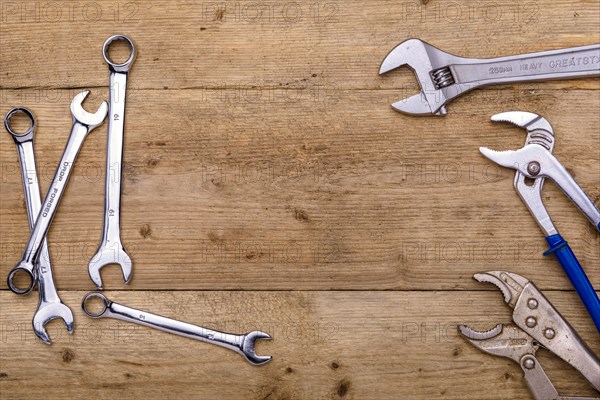 Overhead view of various spanners and wrenches