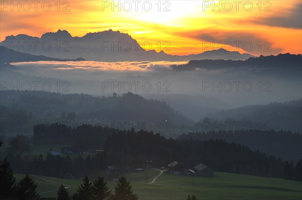 View from the high plateau of Hagspiel in the Allgaeu near Oberstaufen to the massif of the Saentis