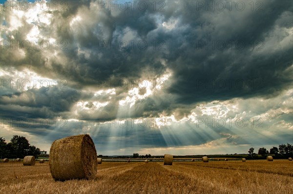 Harvested grain field with straw bales near Augsburg in Swabia