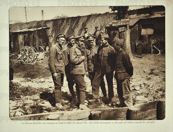 English and Belgian soldiers meeting during relief at Ypres in Flanders during the First World War