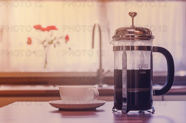 Coffee cafetiere with cup and saucer applied vintage film look