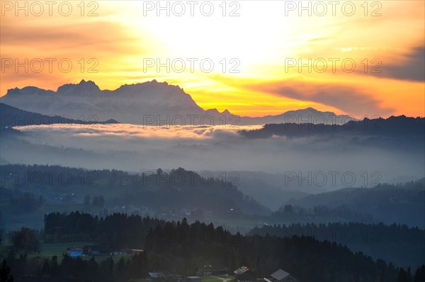 View from the high plateau of Hagspiel in the Allgaeu near Oberstaufen to the massif of the Saentis