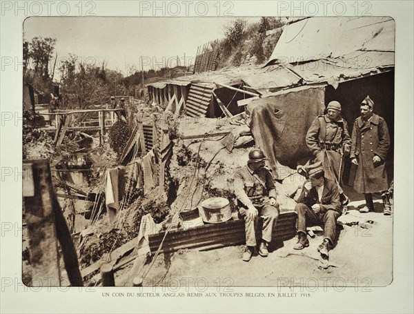 Soldiers at rest in trench at the English sector in Flanders during the First World War