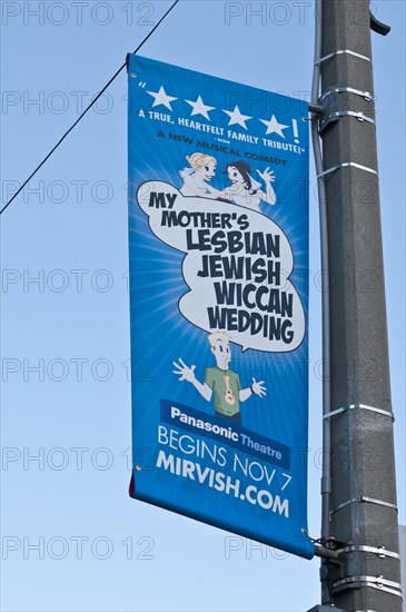 Theatre sign for My Mothers Lesbian Jewish Wiccan Wedding at the Panasonic Theatre