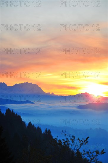 View from the high plateau of Hagspiel in the Allgaeu near Oberstaufen to the massif of the Saentis