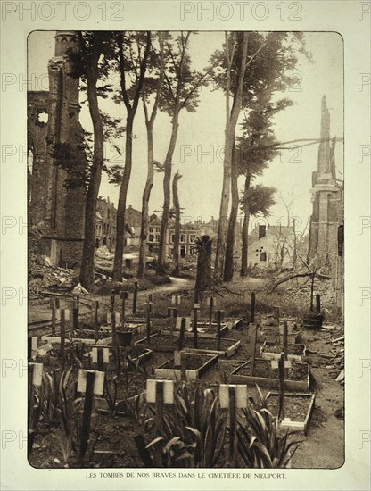 New graves on of fallen soldiers at the churchyard of bombarded Nieuwpoort in Flanders during the First World War
